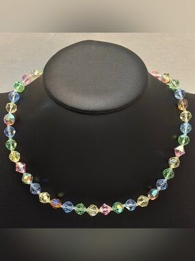 Vintage UV Reactive AB Rainbow Crystal Bead Necklace 15” Aurora Borealis